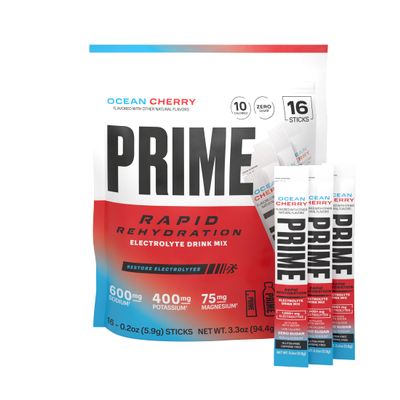 Prime Hydration+ Rapid Rehydration Sticks Ocean Cherry Hydration Powder Single Serve Sticks, Electrolyte Powder On The Go, Low Sugar, Caffeine-Free, Vegan, 16 Count