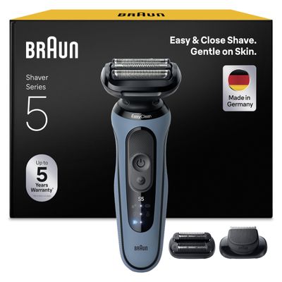 Braun Series 5 Electric Shaver, Up to 50 min, +2 Attachments, Cordless, Wet & Dry Razor for Men, 100 Percent Waterproof, 52-A1820SI, Azure