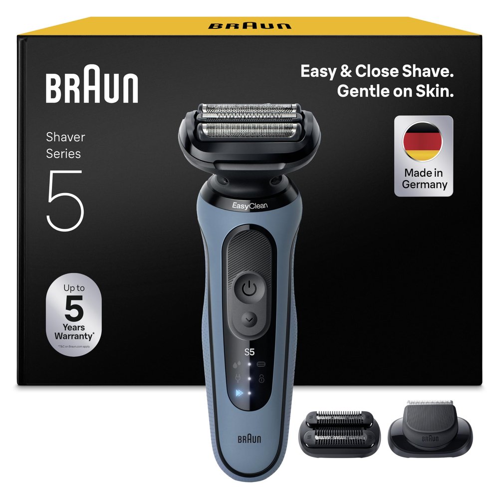Braun Series 5 Electric Shaver, Up to 50 min, +2 Attachments, Cordless, Wet & Dry Razor for Men, 100 Percent Waterproof, 52-A1820SI, Azure
