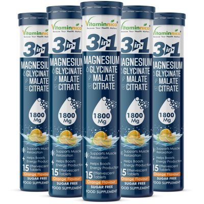 Vitaminnica Magnesium 3-in-1-75 Effervescent Tablets Orange Flavour High Absorption Magnesium Malate, Citrate & Glycinate Energy, Muscle Function & Relaxation Sugar Free