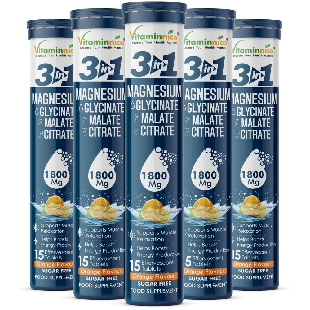 Vitaminnica Magnesium 3-in-1-75 Effervescent Tablets Orange Flavour High Absorption Magnesium Malate, Citrate & Glycinate Energy, Muscle Function & Relaxation Sugar Free