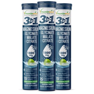 Vitaminnica Magnesium 3-in-1-45 Effervescent Tablets Green Apple Flavour High Absorption Magnesium Malate, Citrate & Glycinate Energy, Muscle Function & Relaxation Sugar Free