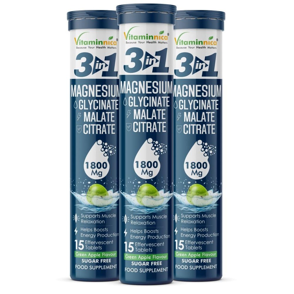 Vitaminnica Magnesium 3-in-1-45 Effervescent Tablets Green Apple Flavour High Absorption Magnesium Malate, Citrate & Glycinate Energy, Muscle Function & Relaxation Sugar Free