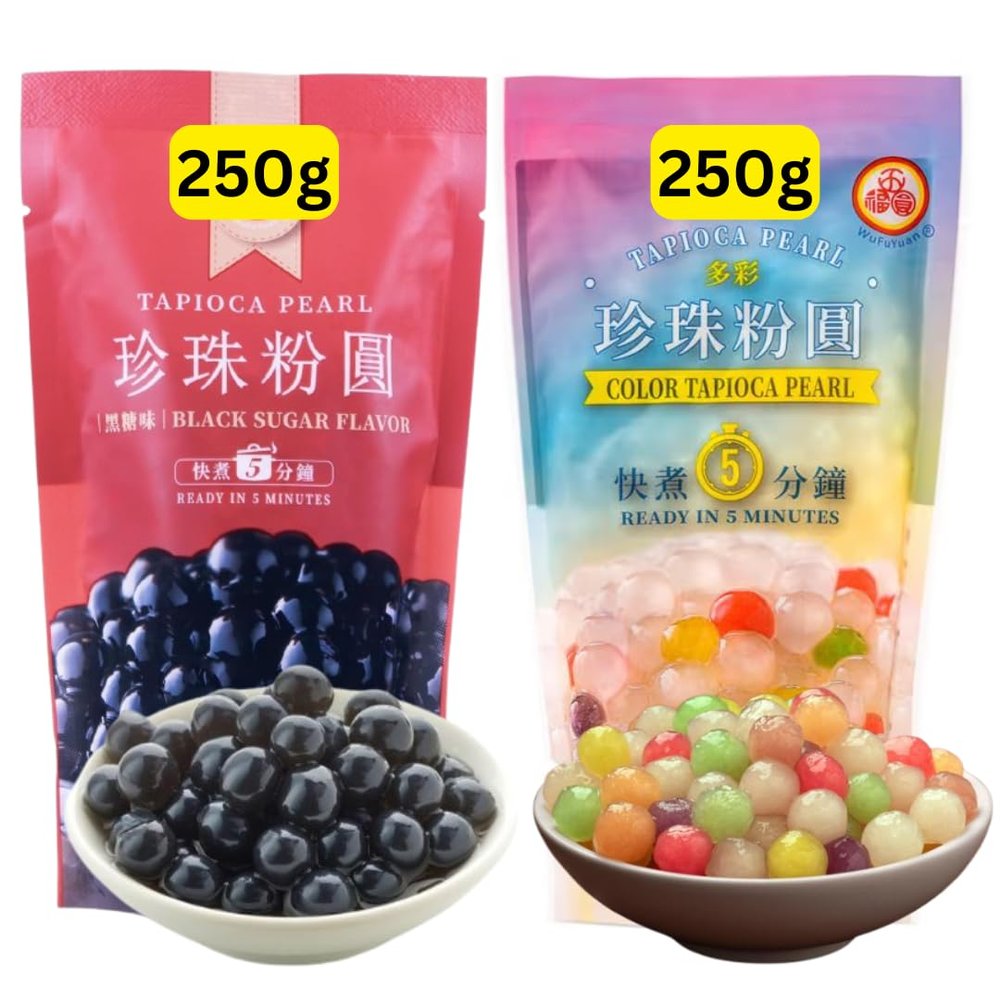 Boba Pearls - Tapioca Pearls Black & Colour for Taiwanese Milk Tea Boba balls Bubble Tea (250g Black + 250g Colour)
