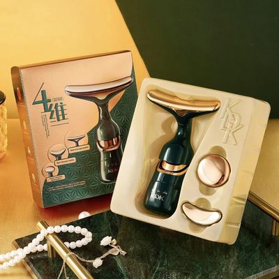 3-in-1 Electric Facial Massager, Eye, Neck, Face Massage Tool, Dark Green with Gold Accents