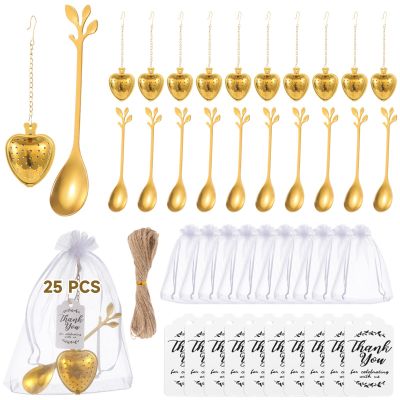 byepica 25 Sets Bridal Shower Favors Kit, Heart-Shaped Tea Infusers, Leaf Tea Spoons, Organza Bags, Thank You Cards Perfect Wedding Souvenirs for Guests