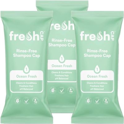 FreshWipes Ocean Fresh Shampoo Cap Pack of 3 - No Rinse for Elderly or Disabled - Cleanses & Conditions For No Shower Access, Camping & Festival Use - Dermatologically Tested