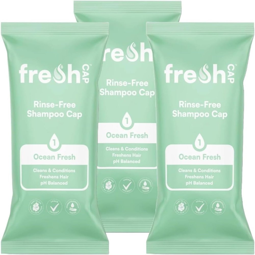 FreshWipes Ocean Fresh Shampoo Cap Pack of 3 - No Rinse for Elderly or Disabled - Cleanses & Conditions For No Shower Access, Camping & Festival Use - Dermatologically Tested