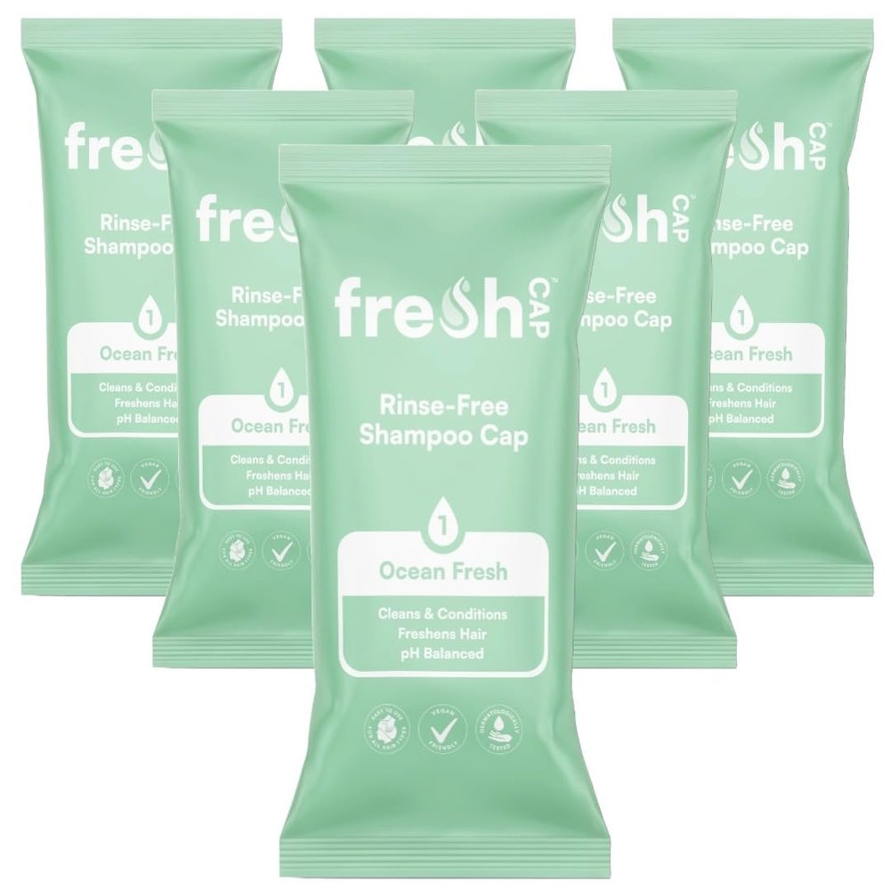 FreshWipes Ocean Fresh Shampoo Cap Pack of 6 - No Rinse for Elderly or Disabled - Cleanses & Conditions For No Shower Access, Camping & Festival Use - Dermatologically Tested