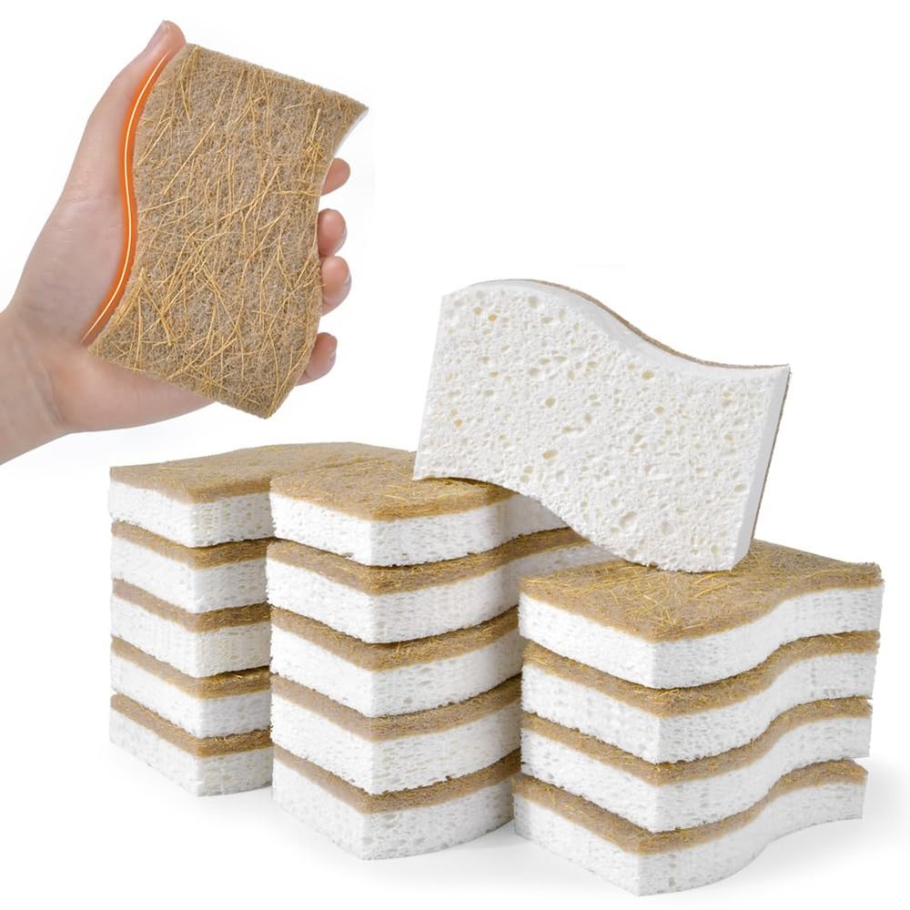 Knoruley Eco-Friendly Natural Sponges for Dishes 15 Pack - Biodegradable Kitchen Sponge with Compostable Coconut Scrubber