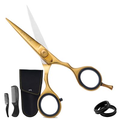 Ontaki 5.5" Beard & Hair Trimming Scissors - Professional Japanese Steel Hand-Forged Barber Shears for Mustache, Bangs, Men (Gold/Brass) - Hair Scissors
