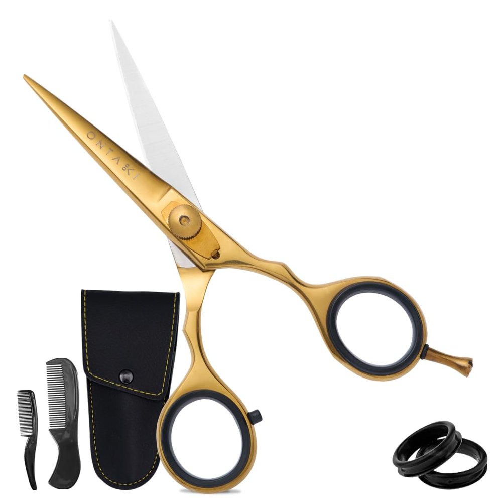 Ontaki 5.5" Beard & Hair Trimming Scissors - Professional Japanese Steel Hand-Forged Barber Shears for Mustache, Bangs, Men (Gold/Brass) - Hair Scissors