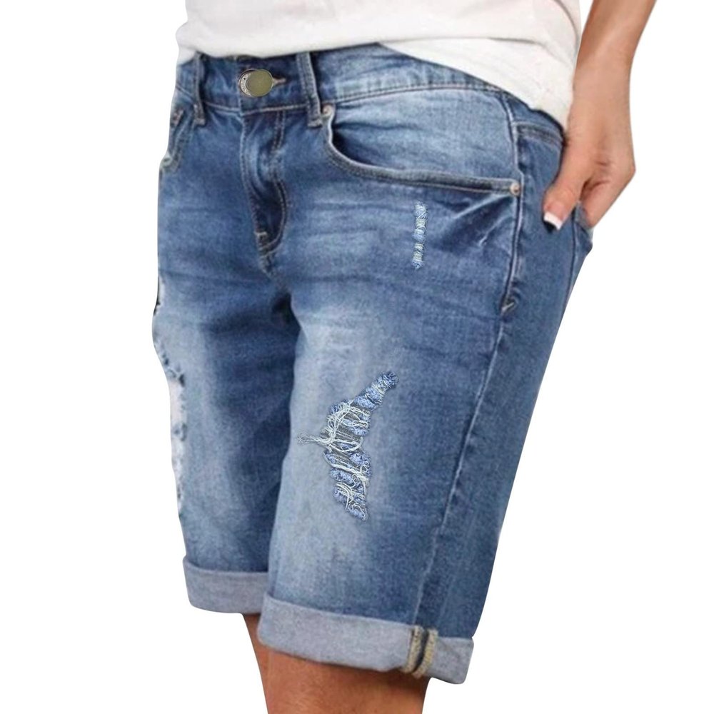 Generisch Women's summer trousers, short sexy jeans, high waist, thin hole short trousers with pockets, summer casual loose short capri trousers women's summer, blue, XL