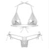 Aiihoo Women Bikini Lingerie Tempting Set Halter Lace-up Bra with Thong Shiny Bathing Suits Silver One Size view 2
