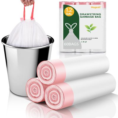 1.2 Gallon Small Trash Bags Drawstring - White Mini Garbage Bags (Fit 1-1.3 Gallon) 5 Liter 60 Count Unscented Strong Plastic Tiny Little Waste Basket Liners for Kitchen Car Office Magesh