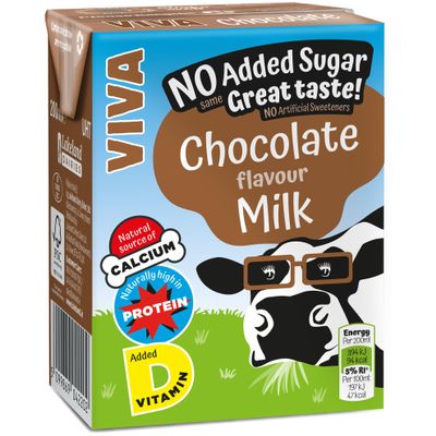 Viva Chocolate Flavoured Milk Drink - 27 x 200ml Cartons - Source of Calcium & Vitamin D - No Added Sugar - Long Life UHT - School Approved