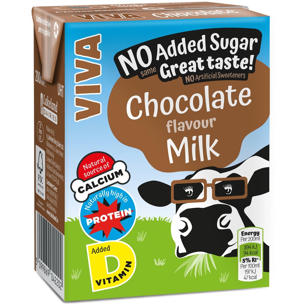 Viva Chocolate Flavoured Milk Drink - 27 x 200ml Cartons - Source of Calcium & Vitamin D - No Added Sugar - Long Life UHT - School Approved