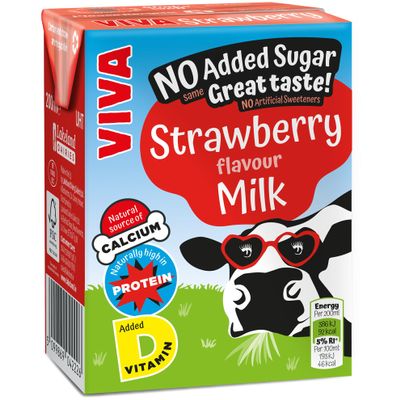 Viva Strawberry Flavoured Milk Drink - 27 x 200ml Cartons - No Added Sugar - High in Calcium - UHT Long Life - School Approved