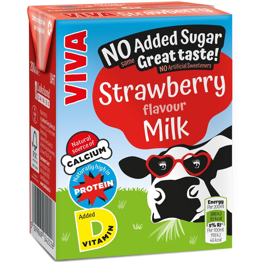 Viva Strawberry Flavoured Milk Drink - 27 x 200ml Cartons - No Added Sugar - High in Calcium - UHT Long Life - School Approved