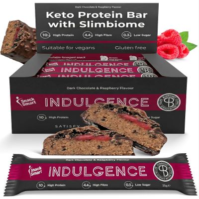 SnackSmart Keto Protein Bars with Slimbiome Low Carb, High Protein Snacks, Low Sugar - Prebiotic Dark Chocolate & Raspberry - Alternative Keto Snack, Nutrition Bars & Drinks