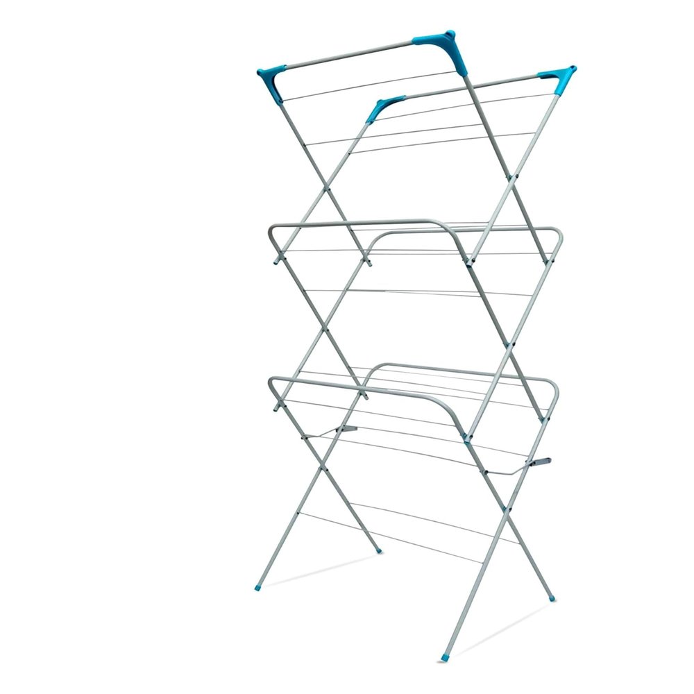 TB1 Products Foldable Clothes Airer with 24 Rails Heavy Duty Laundry Drying Rack for Indoor & Outdoor Use Compact Clothes Horse for Towels, Bedding & Garments No Assembly Needed (Silver & Blue)