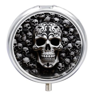 Black and White Skulls Pill Box 3 Compartment Small Pill Case with Mirror for Purse & Pocket Travel Medicine Organizer Daily Medication Container Portable Pillbox Metal Medicine Box Round Meds Case