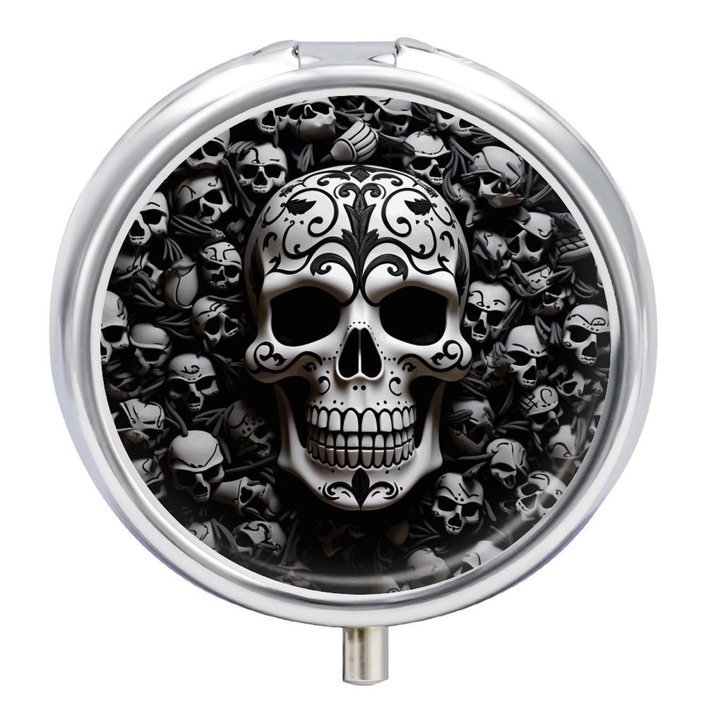 Black and White Skulls Pill Box 3 Compartment Small Pill Case with Mirror for Purse & Pocket Travel Medicine Organizer Daily Medication Container Portable Pillbox Metal Medicine Box Round Meds Case