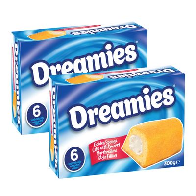 Dreamies Cake x 2 Each box 300g (6 individually wrapped cakes) - Golden Sponge Cake with Creamy Marshmallow Style Filling