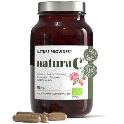 Nature Provides naturaC Organic Vitamin C 225mg Capsules - Amla Acerola Cherry Camu Camu Rosehip - Whole-Food Natural VIT C - 90 Capsules - Soil Association Certified - UK Made