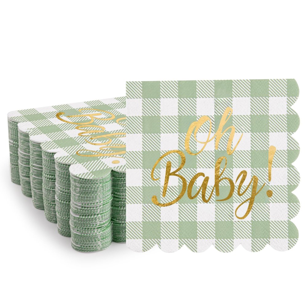 100 Pcs Sage Green Baby Shower Napkin Plaid Cocktail Napkins Folded 5 x 5 Inches Disposable Paper Gold Foil Oh Baby" Printed Napkins for Birthday Party Celebrations