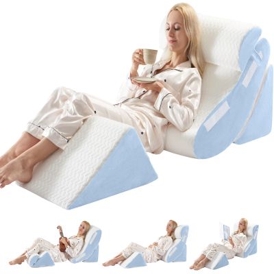 WSOFRLAC 4PCS Wedge Pillow Set for Sleeping Orthopedic Bed Pillow for Post Surgery, Adjustable Memory Foam Support for Sitting Up in Bed, Back Pain, GERD, Snoring Relief, White Blue