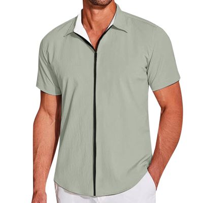 Mymyguoe Linen Shirt Men's Shirt Business Shirt Breathable Beach Shirt Regular Fit Beach Shirt Lightweight Top Short Sleeve Linen Shirt with Zip Summer Shirt Leisure Shirt Hawaiian Shirt, blue, S