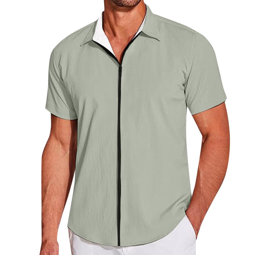 Mymyguoe Linen Shirt Men's Shirt Business Shirt Breathable Beach Shirt Regular Fit Beach Shirt Lightweight Top Short Sleeve Linen Shirt with Zip Summer Shirt Leisure Shirt Hawaiian Shirt, blue, S