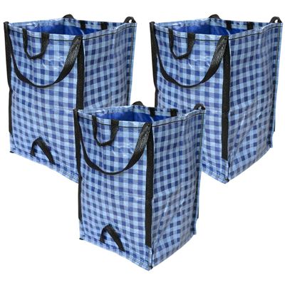 DURASACK Heavy Duty Home and Yard Bags 48-Gallon Reusable Self-Standing Lawn and Leaf Bags Garbage Can with Reinforced Handles, Gingham Blue, 3 Pack