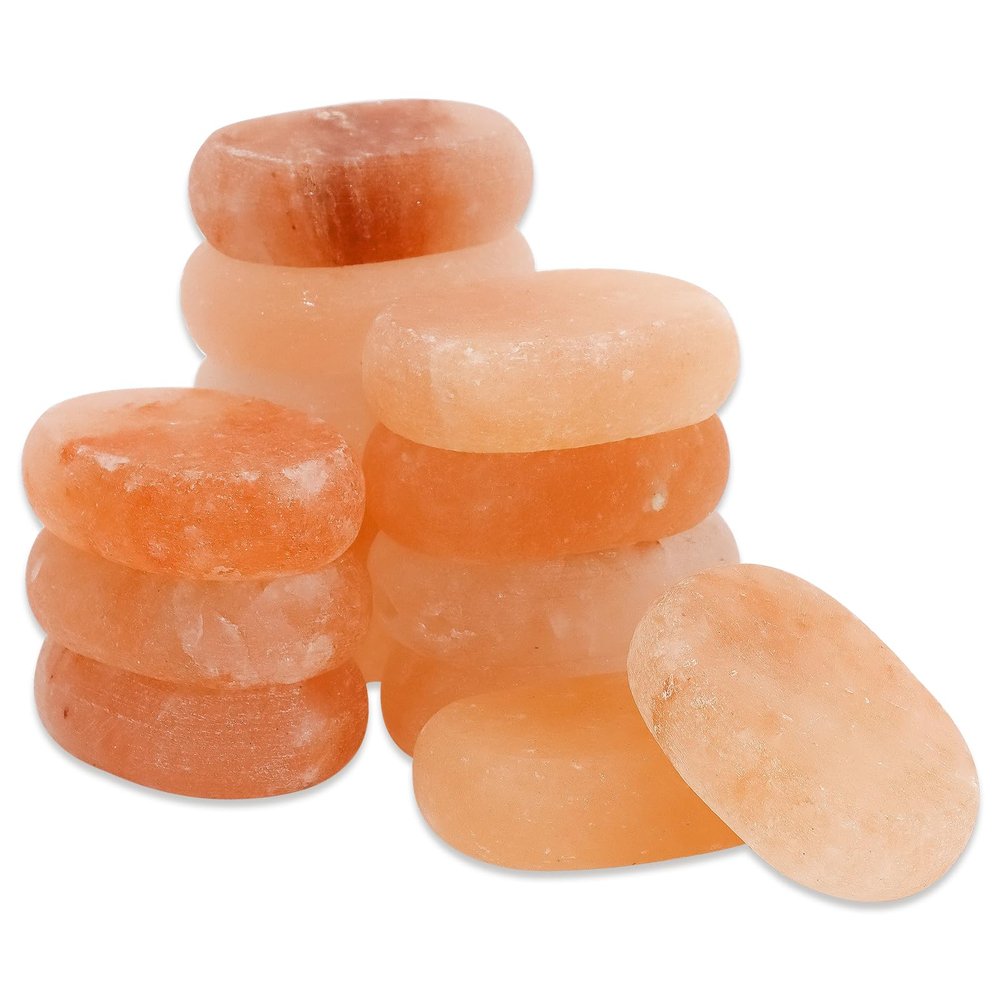 14 Pcs Himalayan Salt Massage Stone Pink Crystal Hand-Carved Stone for Massage Therapy and Deodorant Flat Oval Hot Cold Stones for Spa Relaxing Healing, 9 x 6.5 cm