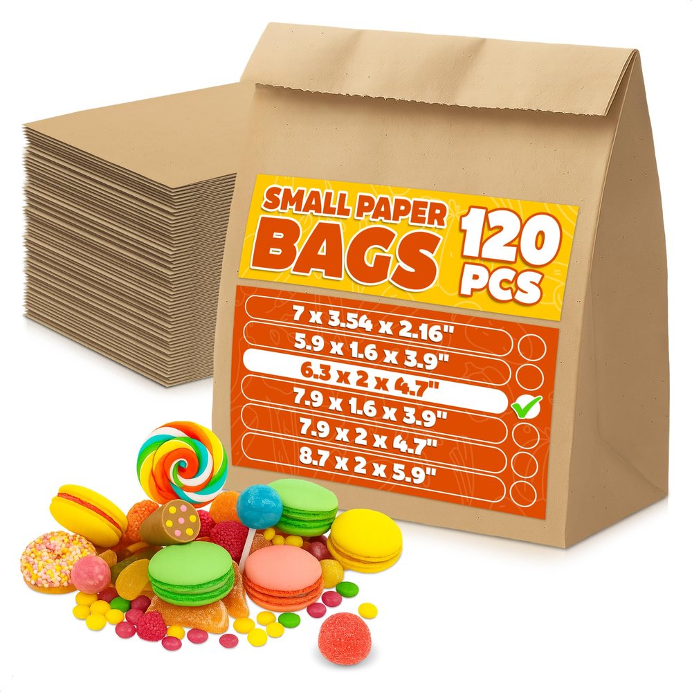 120 Pcs Versatile Small Brown Paper Bags - Brown Lunch Bags for Home and Commercial Use, Good for Sandwiches, Bread, and Cookies, Convenient Size (6.3 x 2 x 4.7"), Durable and Easy to Store