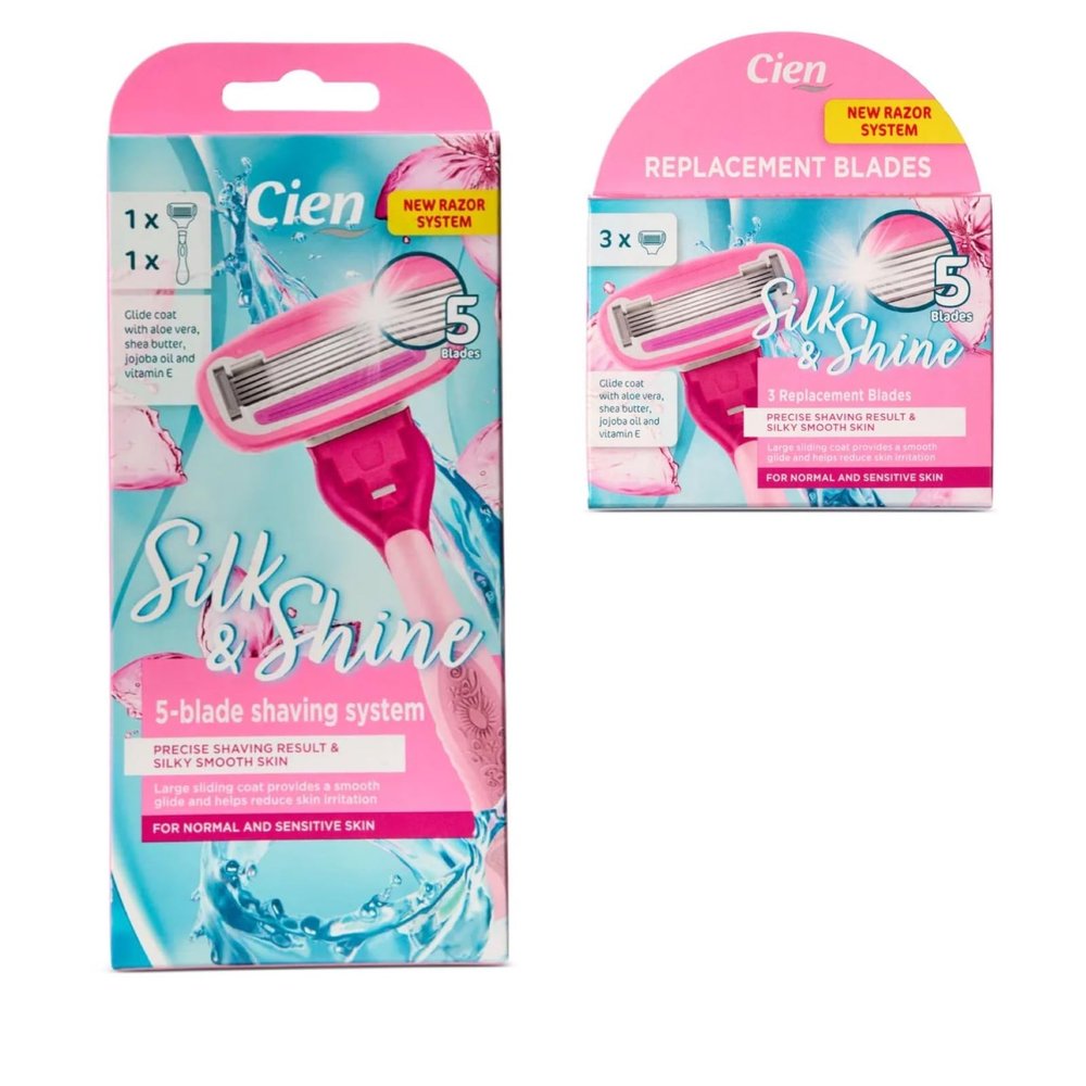 ark future Cien Silk Shine 5-Blade Razor System with Aloe Vera, Shea Butter, Jojoba Oil & Vitamin E Includes 3 Replacement Blades for Smooth Skin For Normal & Sensitive Skin