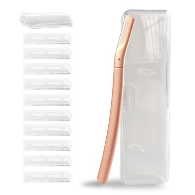 Eyebrow Razor with 10 Stainless Steel Blades and Portable Case. Women's Face Razor Made of Anti-Rust Alloys, Elegant and Durable, Sharpened Razor in Rose Gold