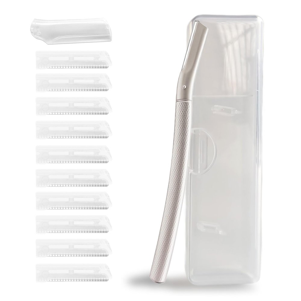 Eyebrow Razor with 10 Stainless Steel Blades and Portable Case. Women's Face Razor Made of Anti-Rust Alloys, Elegant and Durable, Sharpened Razor in Silver