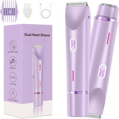 Dual Head Shaver Women,Electric Bikini Trimmer for Women,2 in 1 Electric Shaver Dual Head Bikini Trimmer,IPX7 Waterproof Rechargeable Hair Razor for Body Face,Wet & Dry Use Hair Removal (Purple)