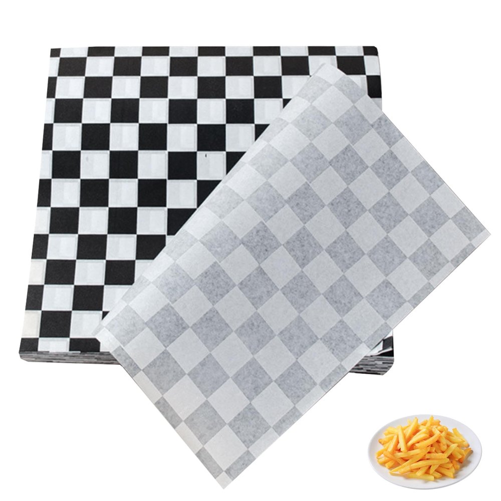 100 Pcs Black and White Greaseproof Paper Sheets,Grease Proof,Burger Wrapping,Checkered Wax Papers Wrap Sheet for Food Deli Liner,Liners Sandwich Fish and Chip Wraps for BBQ,Picnic,Party