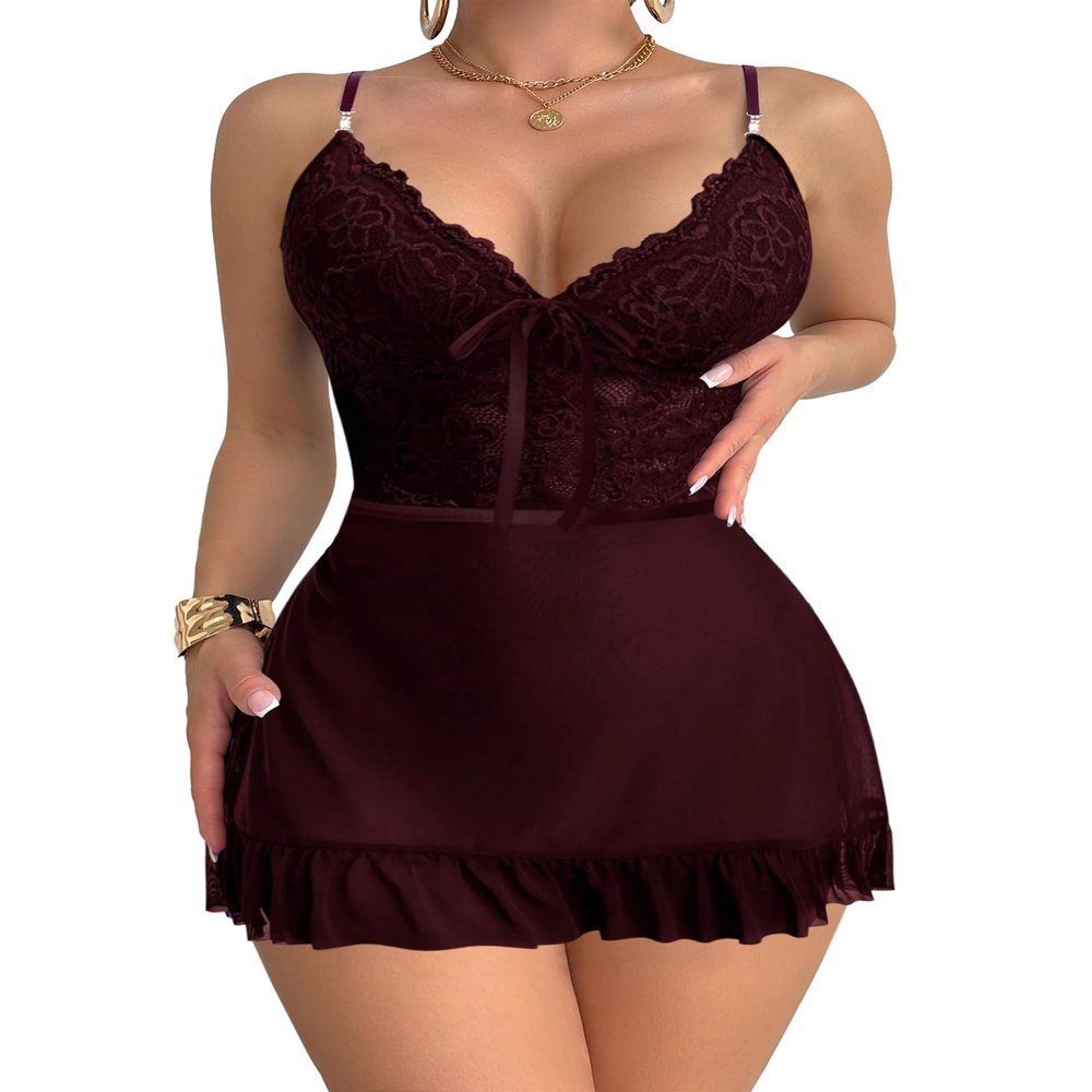Foxiny Sexy Sheer Mini Bodycon Babydoll Lace Lingerie Set Sleep Dress with Thong 2 Piece Outfits, Burgundy Red 2#, S