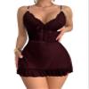 Foxiny Sexy Sheer Mini Bodycon Babydoll Lace Lingerie Set Sleep Dress with Thong 2 Piece Outfits, Burgundy Red 2#, S view 1