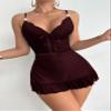 Foxiny Sexy Sheer Mini Bodycon Babydoll Lace Lingerie Set Sleep Dress with Thong 2 Piece Outfits, Burgundy Red 2#, S view 2