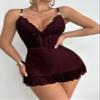 Foxiny Sexy Sheer Mini Bodycon Babydoll Lace Lingerie Set Sleep Dress with Thong 2 Piece Outfits, Burgundy Red 2#, S view 3