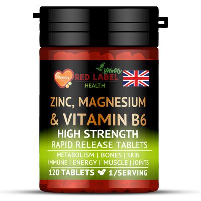 Red Label Health Zinc Magnesium and Vitamin B6 Tablets Pack of 120 Tablets (4 Months Supply), High Strength Supplements for Men & Women, Sleep Aid, Muscle Recovery, Better Sleep, UK