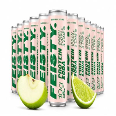 Feisty Drinks Protein Soda Green Apple & Lime 12x330ml, 10g Plant-Based Protein, Healthy Soda, Healthy Fizzy Drinks, No Added Sugar, Sparkling Drinks