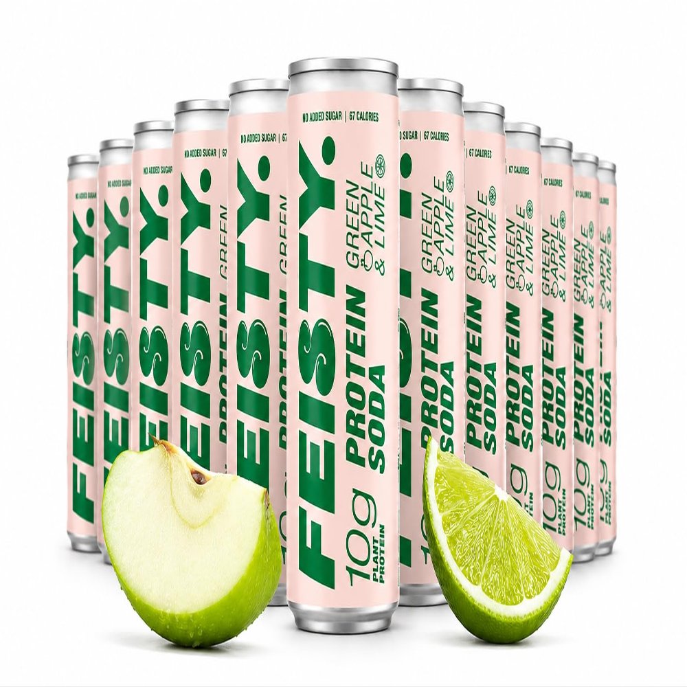 Feisty Drinks Protein Soda Green Apple & Lime 12x330ml, 10g Plant-Based Protein, Healthy Soda, Healthy Fizzy Drinks, No Added Sugar, Sparkling Drinks