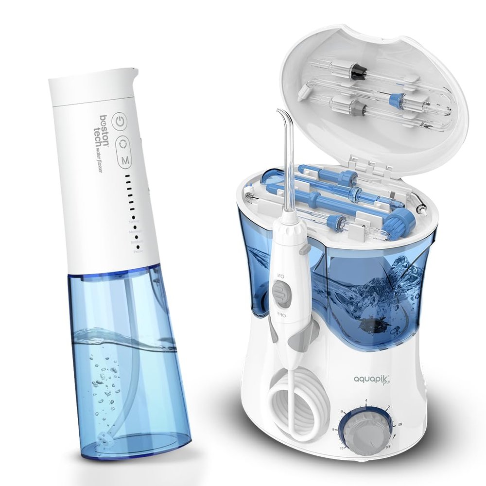 AQPRODUO Aquapik PRO Professional Desktop Dental Irrigator + Aquapik UltraCare One Portable Irrigator | Complete Oral Cleaning at Home and Travel | Removes Plaque + Cares for Your Implants and Or
