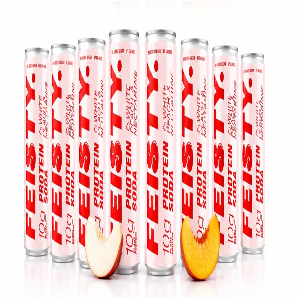 Feisty Drinks Protein Soda White Peach & Nectarine 9x330ml, 10g Plant-Based Protein, Healthy Soda, Healthy Fizzy Drinks, No Added Sugar, Sparkling Drinks
